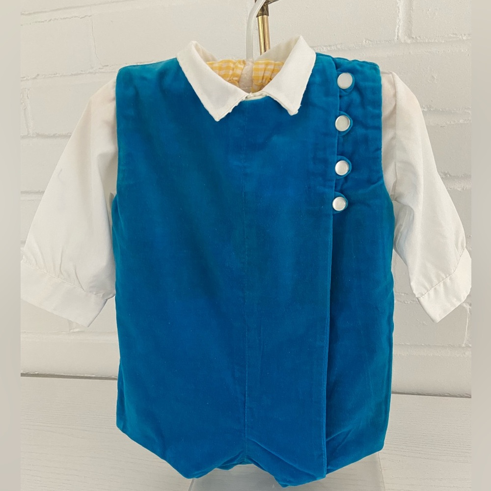 Classic Vintage Turquoise Blue Toddler Boys Velvet Two-Piece Romper Set Sz 24 M